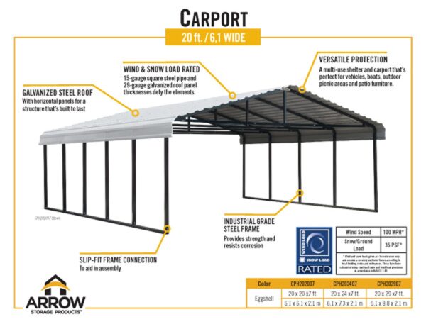 Arrow Carport, 20 ft. x 24 ft. x 7ft. Eggshell 20′ x 24′ x 7′ - Image 8